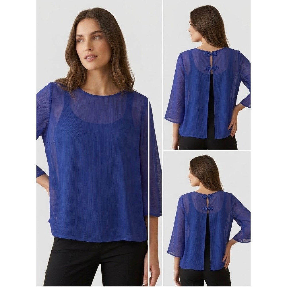 Sheer Crinkle Open Back Antthony Royal Blue Polyester Blouse Size L Large